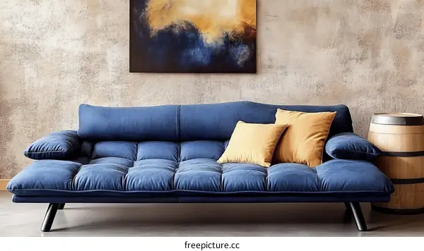 Modern Blue Sofa with Mustard Pillows in a Stylish Living Room