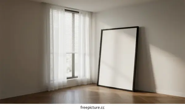 Empty room with large blank frame near window