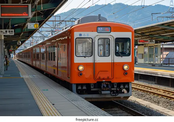 A train is approaching a station in Japan