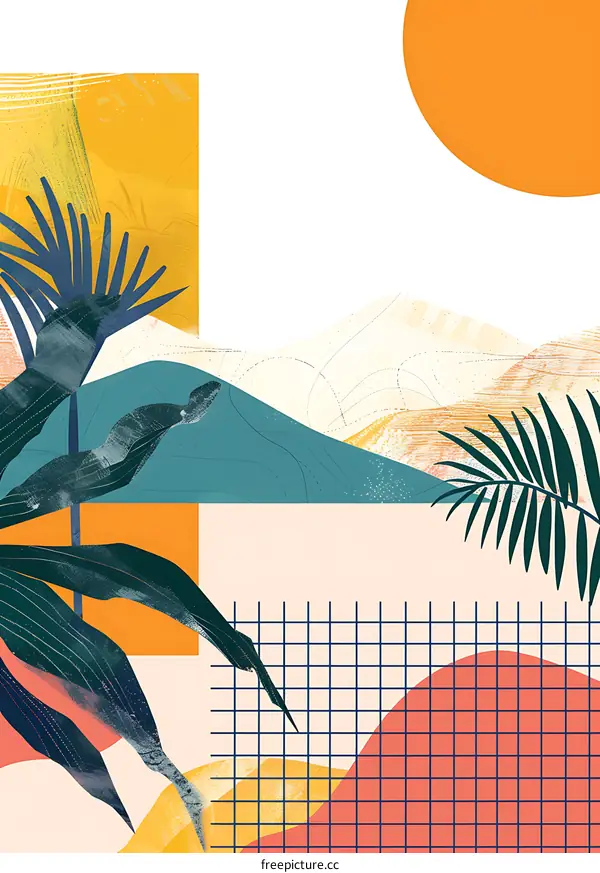 Abstract Art Print with Palm Leaves and a Sun