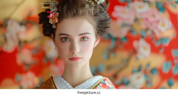 portrait of a beautiful woman in a kimono with traditional japanese hairstyle