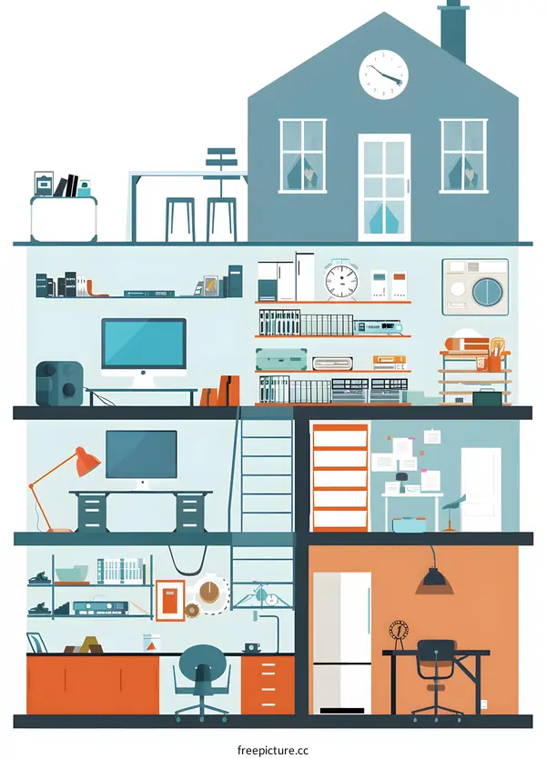 Cross Section of a House Illustration with Different Rooms