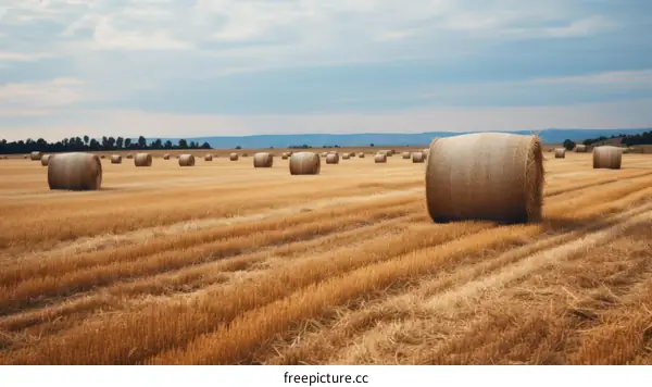 Field of hay rolls under blue sky