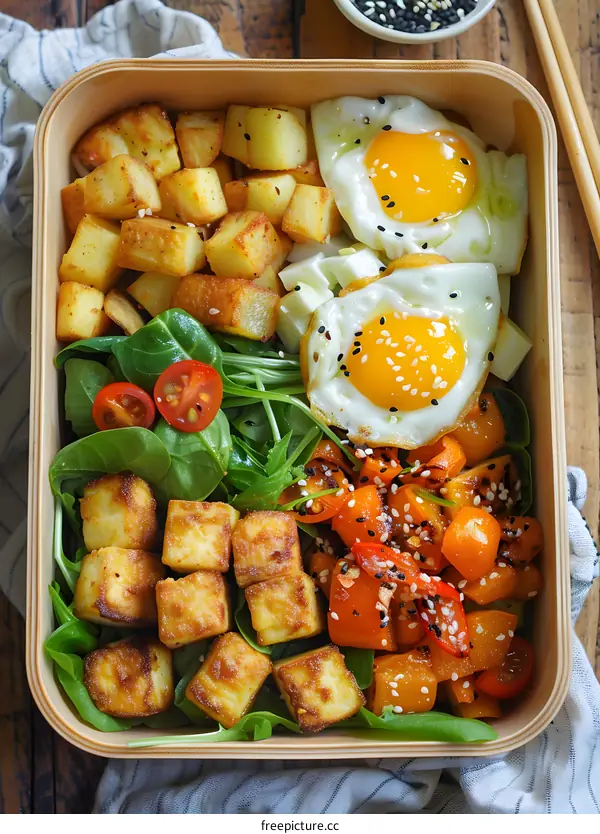 Healthy Tofu and Egg Lunch Box with Potatoes, Peppers, and Greens