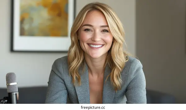 Smiling Caucasian Woman Podcast Host