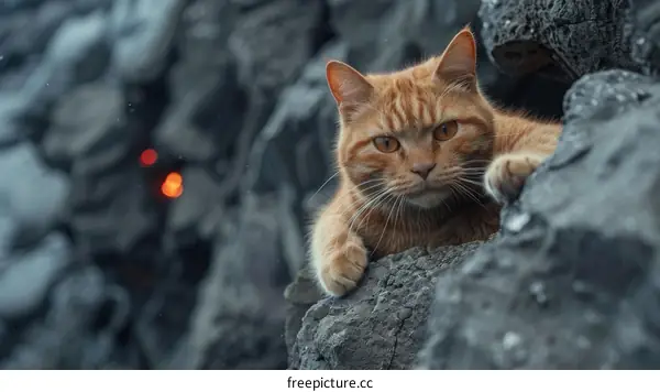 ginger cat on the rock near the lava