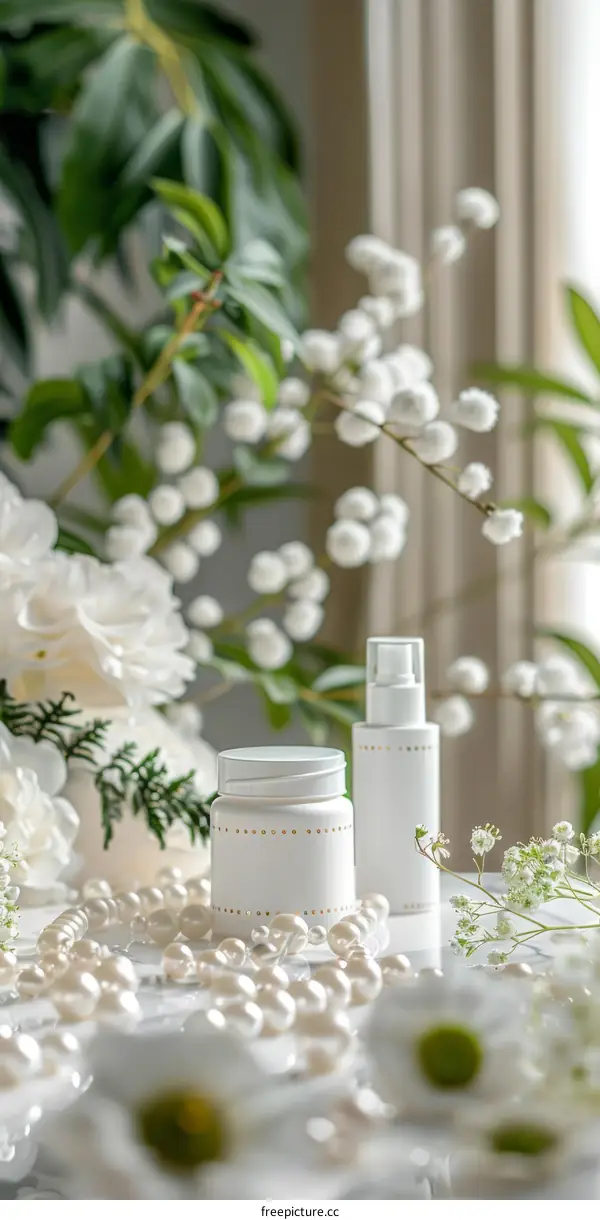 Close-up of a set of white skincare products with white and green flowers and pearls