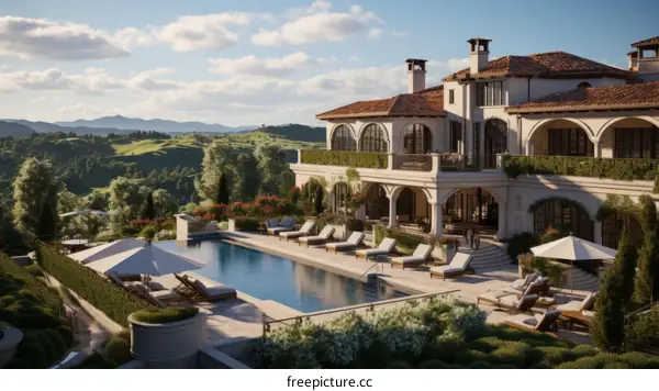 A luxurious mansion with a swimming pool and a breathtaking view