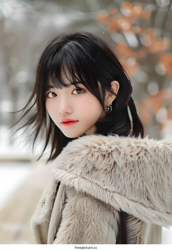 Beautiful Asian Woman in Fur Coat Winter Portrait