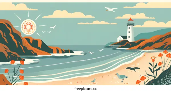 Coastal Landscape with Lighthouse and Seagulls
