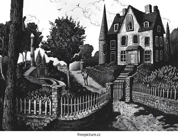Black and White Illustration of a House with a Person Walking Towards It