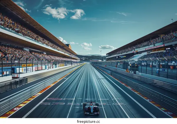 Formula One Car Races at Full Speed on a Racetrack