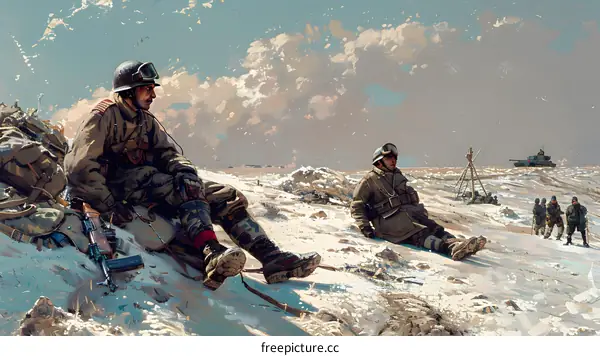 Two soldiers are sitting on the snowy ground during the war