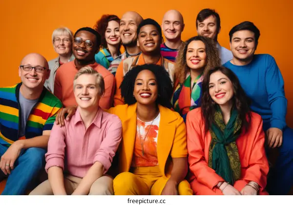 A group of diverse people posing together in a studio.