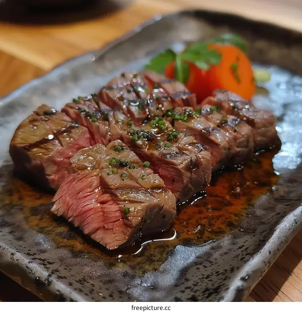Sliced Steak on a Plate with Cherry Tomatoes