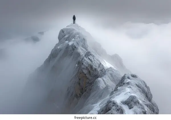 Man standing alone on a snowy mountain peak