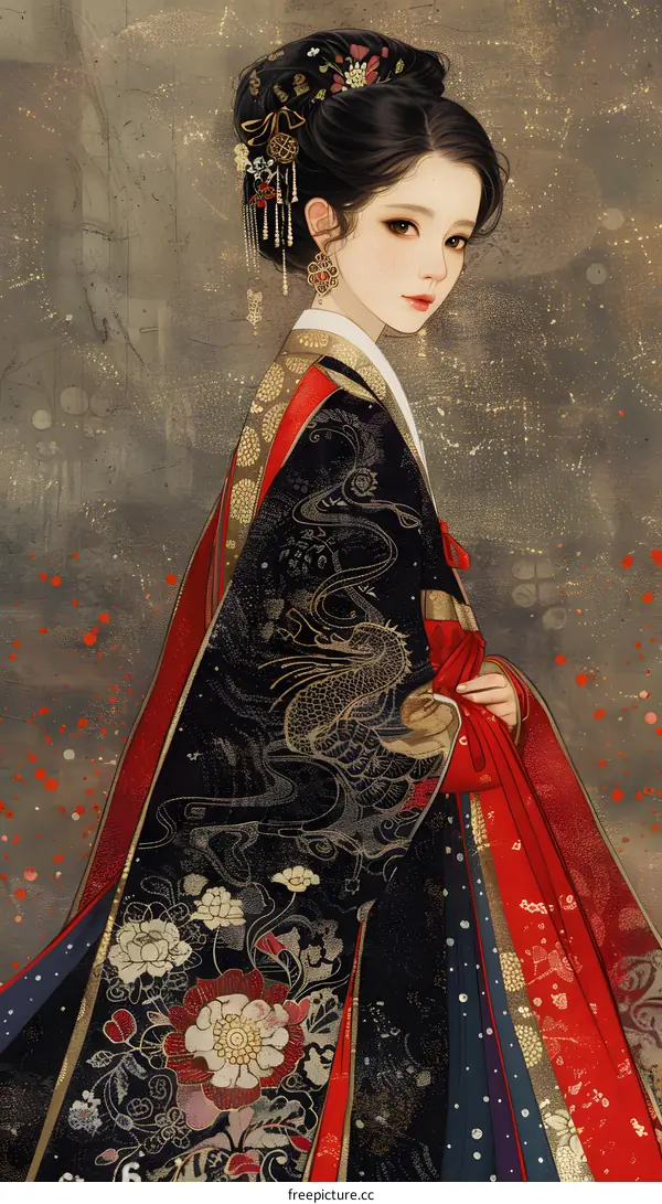A digital painting of a young woman in a traditional Chinese dress with red and gold accents. The background is a dark patterned wall.