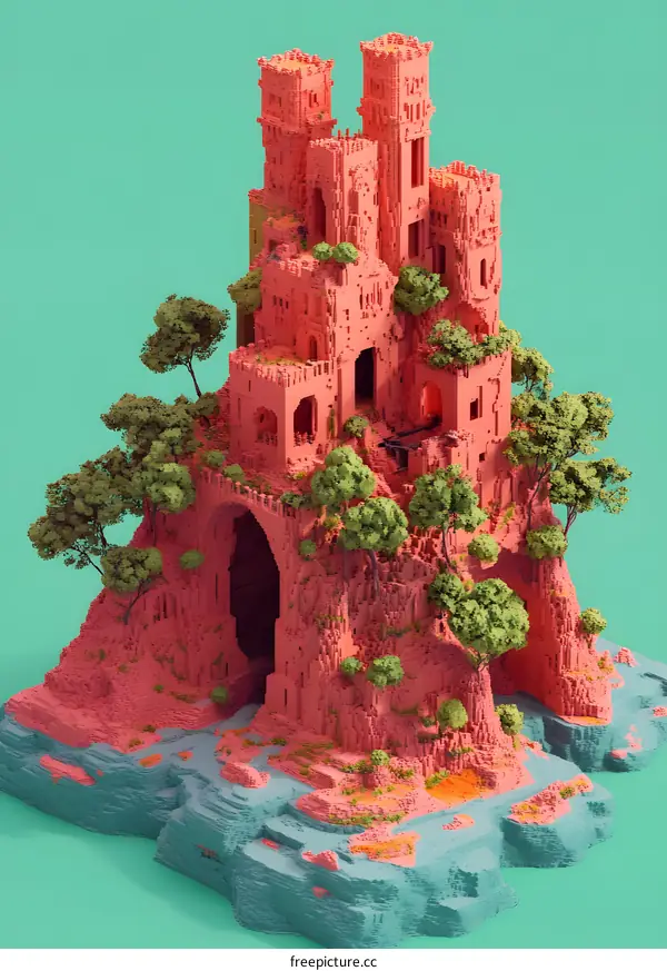 Pixelated Castle On Clifftop Illustration