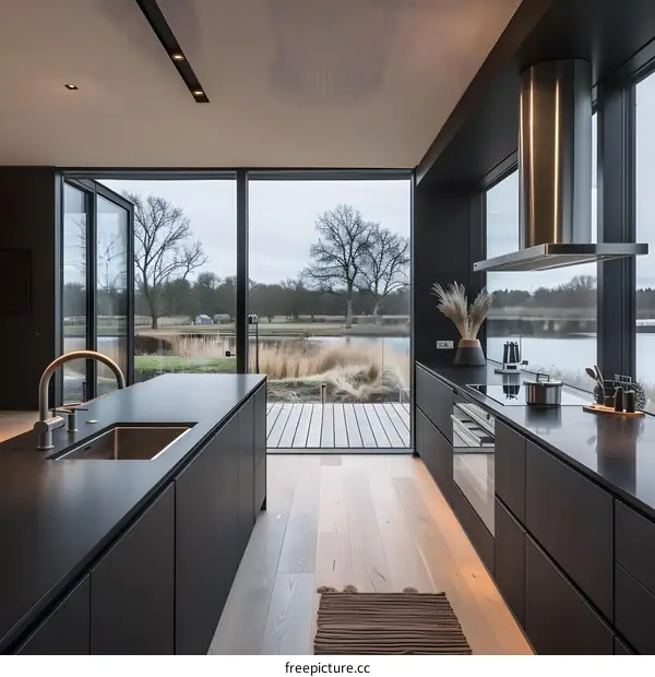 Modern Kitchen With Black Cabinetry And Large Windows Overlooking Lake