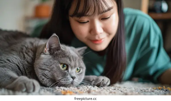 A young woman is lying on the floor with a gray cat.