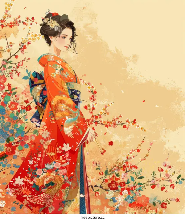 A Japanese woman wearing a kimono with a pattern of phoenix and flowers