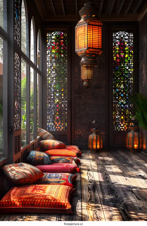 A beautiful living room with colorful pillows and Moroccan-style windows.
