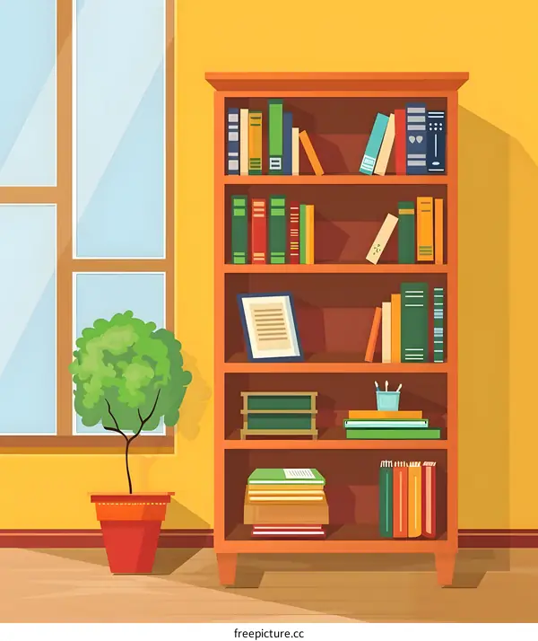Bookshelf with Books and Plant in a Room