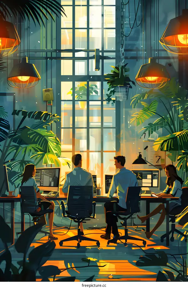 Four people working in a green office space