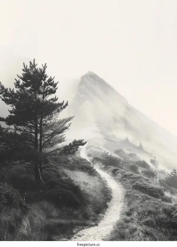 Misty Mountain Path: A Solitary Tree in the Fog