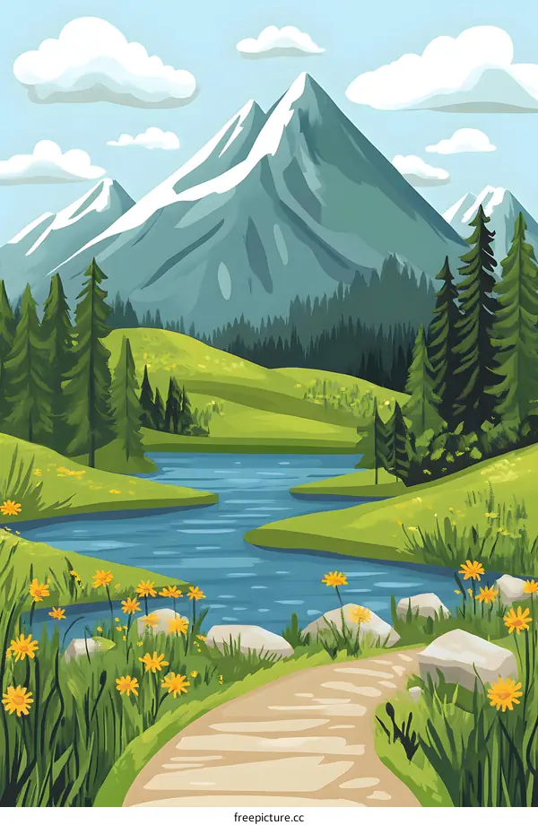 Mountain River Landscape Illustration