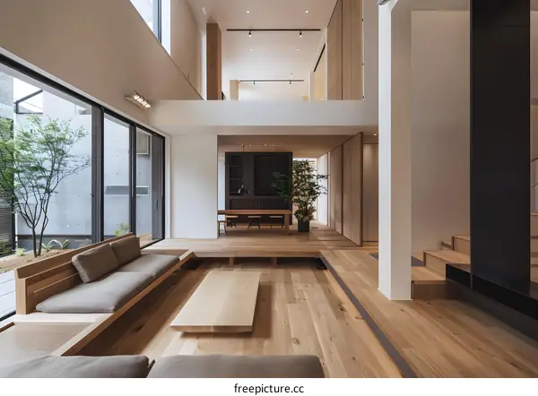 Minimalist Modern Japanese Home Interior Design With Wood Floors and a Large Window