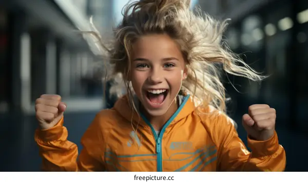 Little girl blonde hair blue eyes smiling with joy in the city