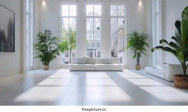 White minimalist living room with large windows and plants