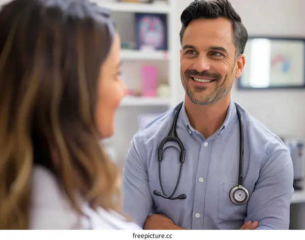 Smiling male doctor with stethoscope around neck looking at female patient