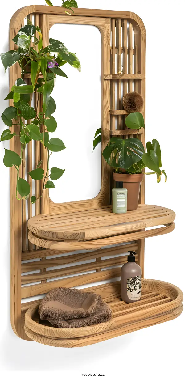 Wooden Bathroom Shelf With Mirror And Plants
