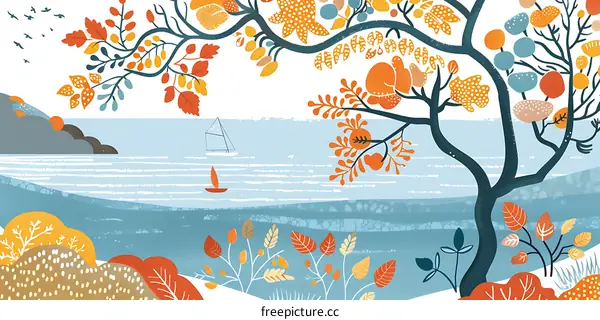 Autumn Landscape with Sailboats on the Ocean