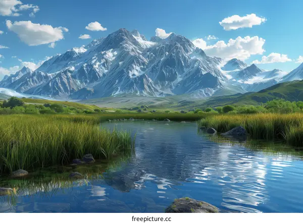 Majestic Mountain Landscape with Serene River and Lush Green Fields
