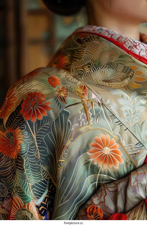 Closeup of Traditional Japanese Kimono with Floral Embroidery
