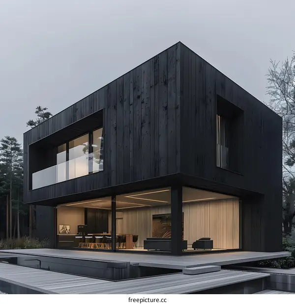 Modern Black Wooden House With Large Windows