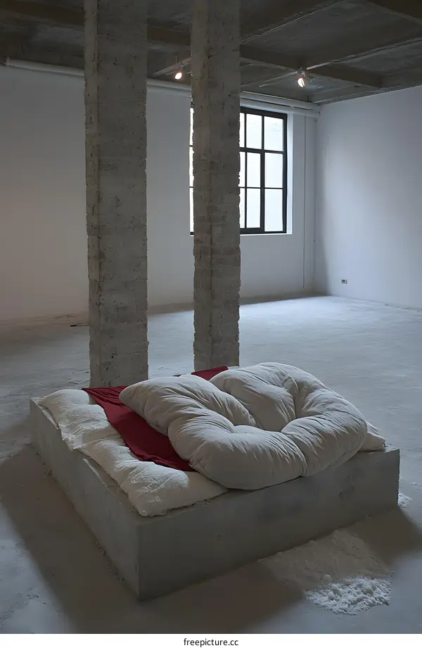 White Cushions and Red Fabric on Concrete Platform in Empty Room