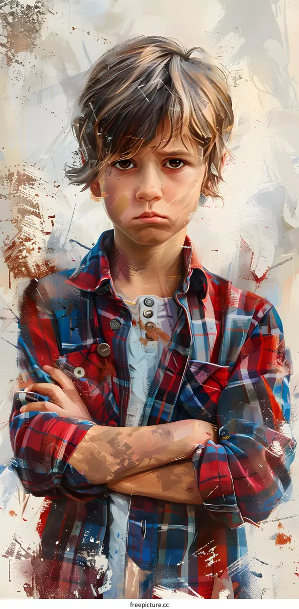 portrait of a boy in a red and blue plaid shirt