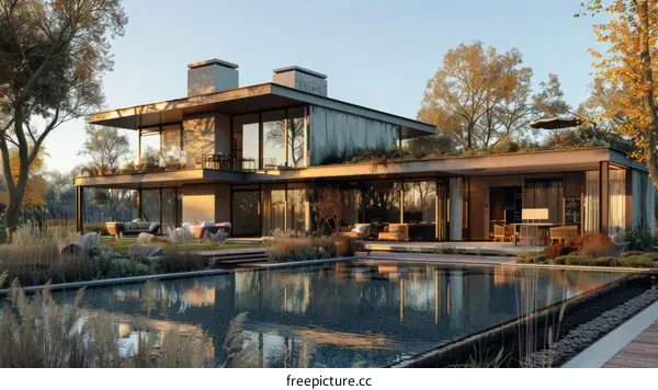 Modern House with Pool and Landscaping in Autumn