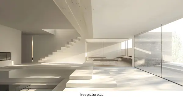 Minimalist Modern Home Interior Design With Staircase And Large Window