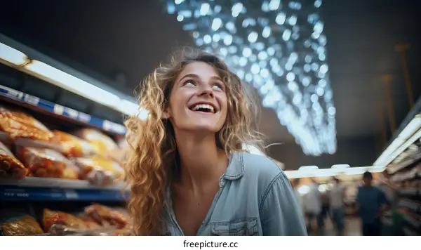 Happy young woman looking up in supermarket