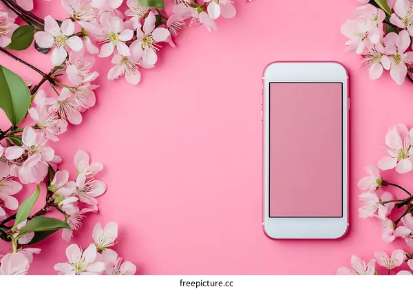 Pink Flowers with a White Smartphone on a Pink Background