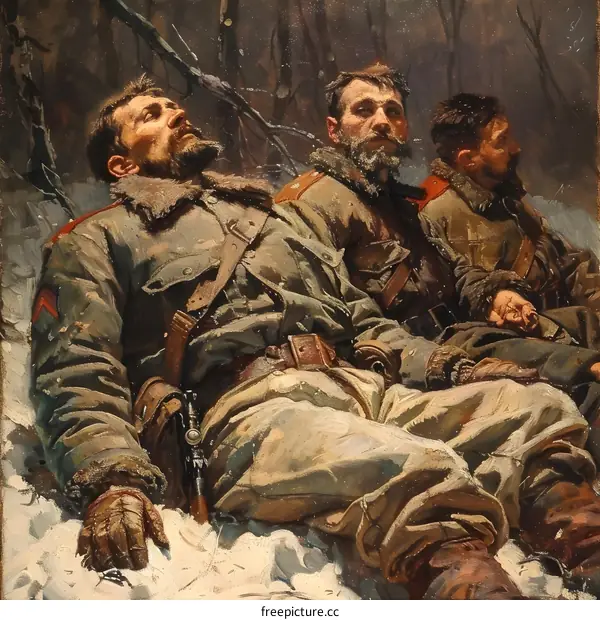 Three soldiers resting in the woods during World War I