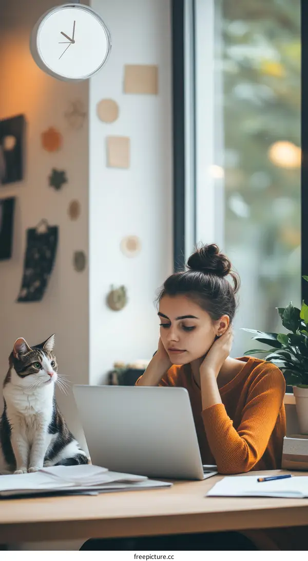 Woman Working at Home with Cat