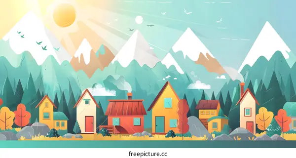 Cartoon Village Landscape with Mountains and Sun