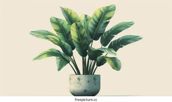 A potted banana plant with large green leaves