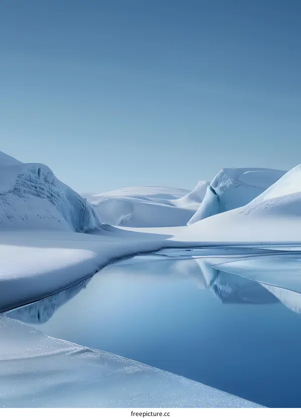 Winter Landscape With Snow Covered Mountains And Blue Water